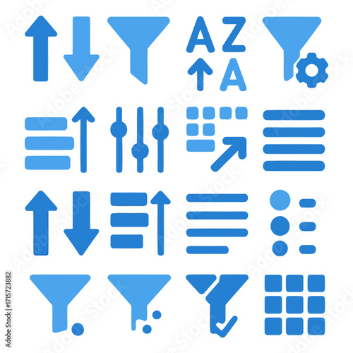 Data sorting & Filtering Icons : A collection of blue icons symbolizing data sorting and filtering functionalities, perfect for user interface and data analysis purposes.