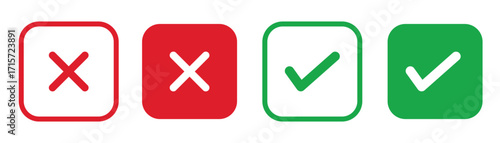 Green tick and red cross icon set, curved check mark and cancel symbol collection