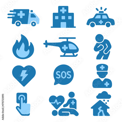 Emergency Services and Health Icons: A collection of stylized icons representing critical emergency services, medical facilities, and health-related concepts.