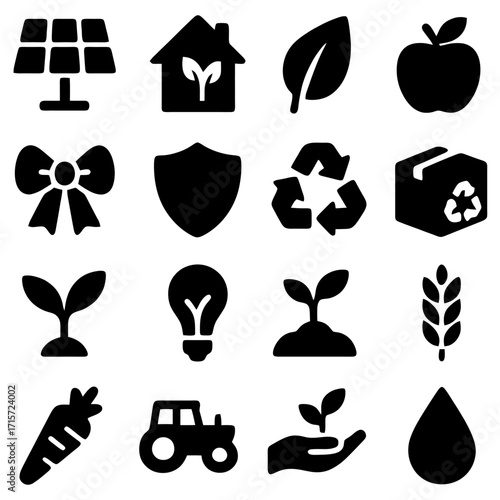Eco-friendly icons set: A collection of monochrome icons representing eco-friendly concepts such as solar panel, leaf, recycle symbol, green energy, eco-friendly living.