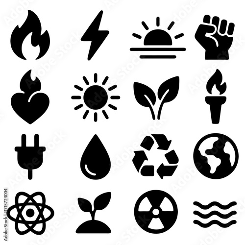 Essential Energy Icon Collection: A striking visual compilation of energy-related icons, representing diverse concepts such as fire, electricity, the sun, and environmental sustainability.