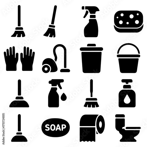 Cleaning Supplies Icons: A visually rich collection of iconic cleaning essentials, meticulously crafted for optimal design and use. 