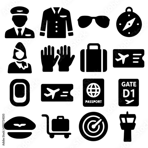 Essential Aviation Elements: A comprehensive array of symbolic illustrations captures the core elements of air travel and aeronautical guidance. 