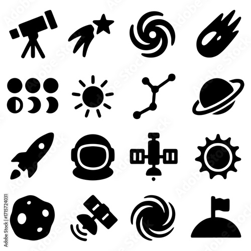 Celestial Wonders in Black: A collection of iconic, silhouetted illustrations unveils the mysteries of the universe, featuring telescopes, constellations, and planets.