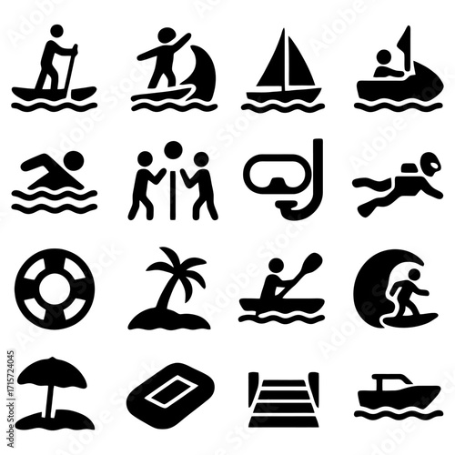 Water Activity Icons: A set of black silhouette icons represents various water activities, offering a versatile design asset for themed projects or websites. Showcasing the essence of water adventure.