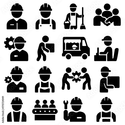 Industry Icons: A collection of meticulously crafted, monochromatic industry icons. Each symbol depicts various roles and activities, symbolizing the essence of construction, logistics.