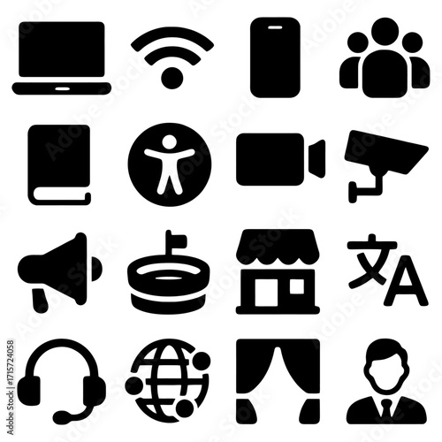 Iconic Interface: A curated set of symbolic representations, including technology, communication, accessibility, and societal elements, rendered in a clean graphic style for versatile applications.