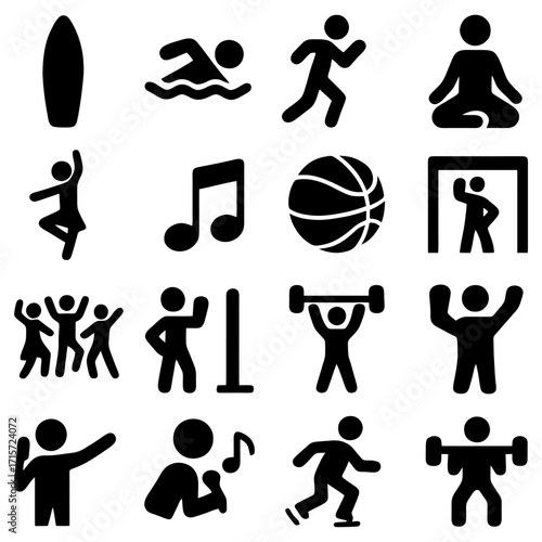 Iconic Collection: Capturing the Essence of Activity and Leisure. Featuring a series of stylized monochrome icons, this image represents diverse recreational pursuits and physical activities.
