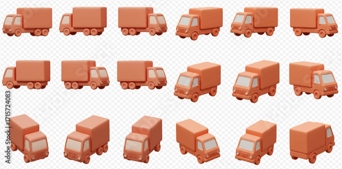Multiple 3D rendered orange delivery trucks in various orientations against a transparent background.