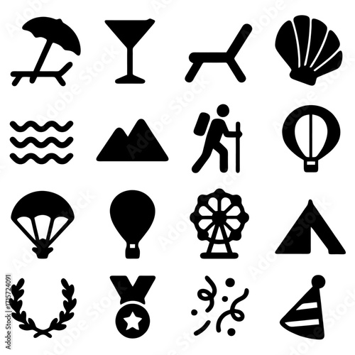 A Collection of Adventure Icons: A set of sixteen sleek, silhouette-style icons depicts the essence of travel and leisure.