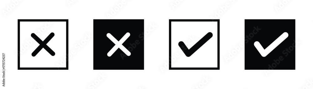Obraz premium Black tick and cross icon set, simple check mark and cancel wrong symbol collection