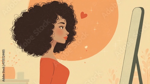 Illustration of a woman with afro looking at herself in mirror