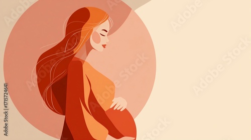 Elegant pregnant woman with long hair holding her belly gently