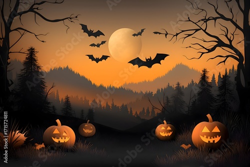 Halloween night landscape with glowing jack o lantern pumpkins, full moon, flying bats, spooky forest, haunted mountain scenery in dark orange sky.