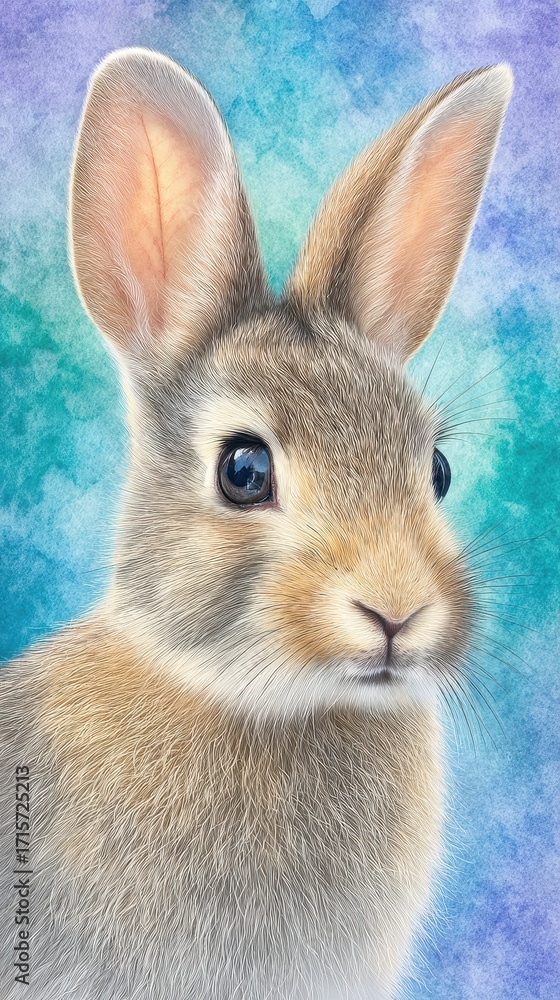 Fototapeta premium Brown Rabbit Watercolor Portrait Against Blue Purple Background
