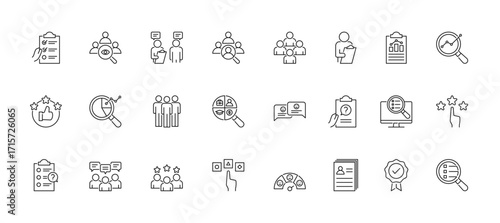 Survey icon set containing observation, interview, sampling, respondent, surveyor, result and demographics vector icons