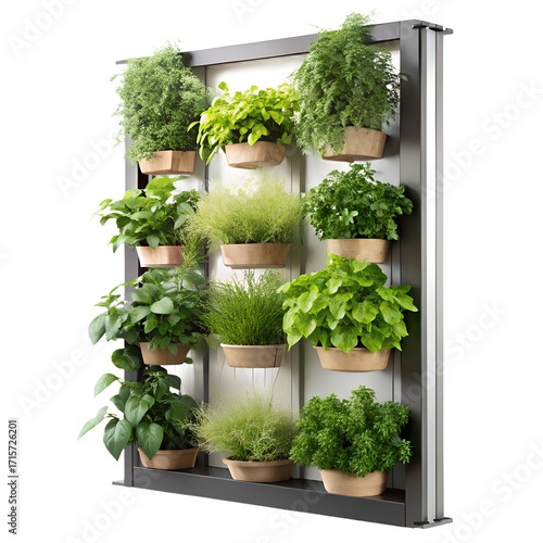 A vertical garden system featuring various green plants in pots, creating a living wall for indoor or outdoor decoration, isolated on transparent background