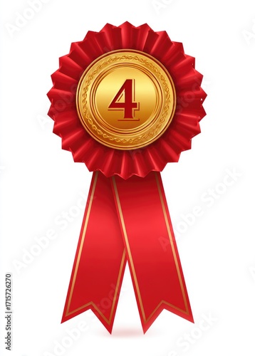 A gold medal with the number four, adorned with red pleated ribbon, signifying fourth place or achievement