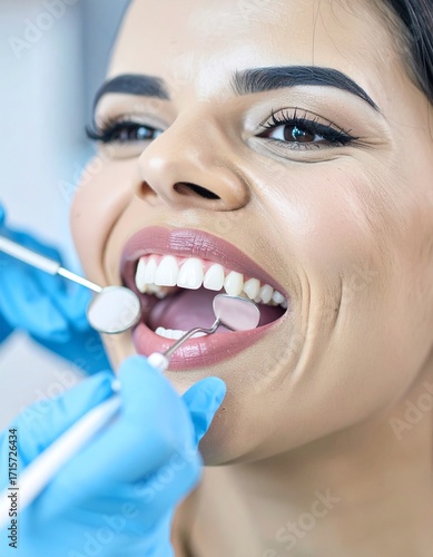 Happy patient at dentist checkup, perfect smile. Dental care