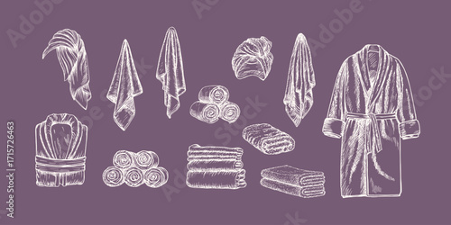 Towels on head, bathrobes, rolled and folded towels sketch illustration collection. Outline drawing in engraving style. Hand-drawn vector line art clipart, isolated