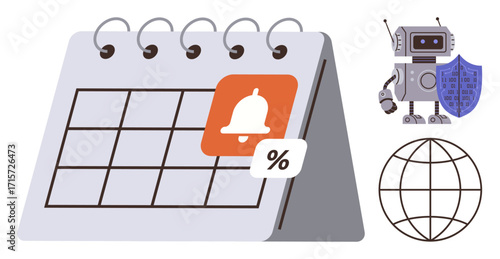 Calendar with notification, percentage icon, robot holding shield, and grid globe. Ideal for technology, scheduling, cybersecurity, automation, reminders global connectivity and digital management