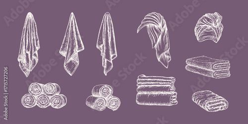 Collection of sketch illustrations of rolled, folded towels, towels on a head, stack of towels. Bath, hotel. Outline drawing in engraving style. Hand-drawn vector line art clipart, isolated