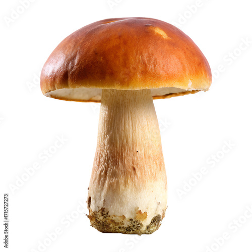 A single, fresh porcini mushroom with a rich brown cap and thick stem, isolated on a transparent background