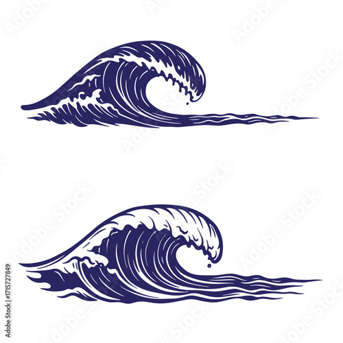 Elegant vector illustration of two navy blue ocean waves with classic japanese art style
