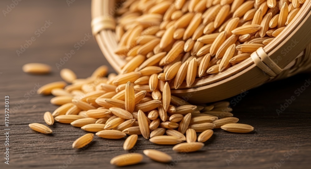 Obraz premium Golden paddy rice grains spilling from a woven basket onto a dark wooden table.