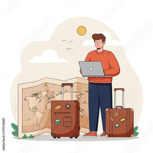 Adventurous digital nomad in a simplified flat vector illustration stands with a laptop, vintage map, and packed suitcase, symbolizing remote work and global travel exploration.