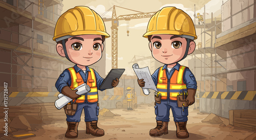 Two cartoon construction workers reviewing blueprints and a tablet on a construction site, illustrated in a friendly style with warm colors against a busy background.