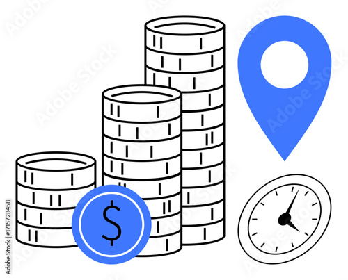 Stacks of coins, dollar icon, clock, and location pin emphasizing financial growth, time management, and location. Ideal for investment, economy, savings budgeting navigation analytics simple
