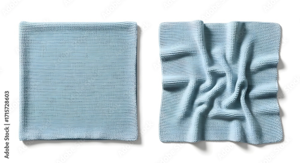 Fototapeta premium Textured Pair: Folded and Draped Pale Blue Knitted Blankets on White