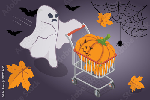 Cute ghost with a pumpkin in the supermarket cart. Halloween shopping. Flat isometric vector illustration.