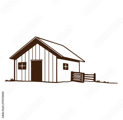 Simple illustration of a rustic barn with a fence evoking country farmhouse aesthetic.