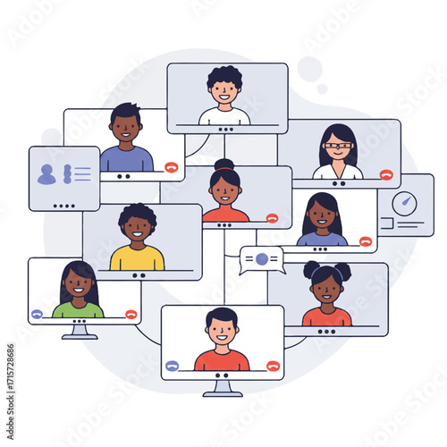 A diverse remote team connects in a productive video conference call, featuring multiple individual screens with smiling faces, rendered in a clean, flat 2D vector illustration.