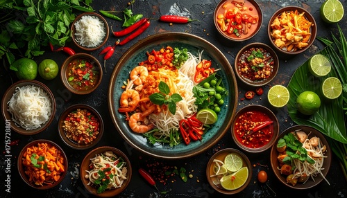 Assorted Asian dishes on dark background