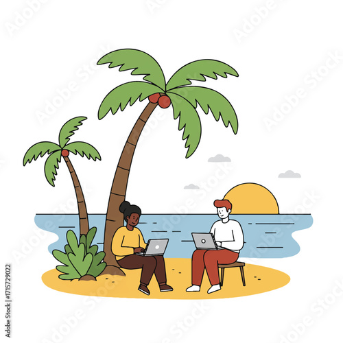 Two diverse digital nomads productively co-working on a laptop under a palm tree on a tropical beach at sunset in a vibrant flat 2D vector illustration.