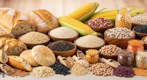 Healthy selection of whole grains beans legumes and bread.
