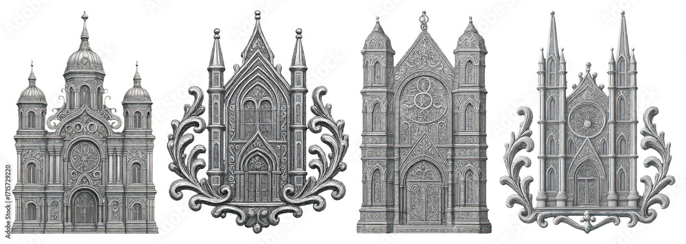 Obraz premium PNG Intricate silver cathedral designs, element set on transparent background