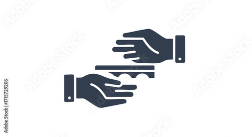 This clean graphic illustration depicts two hands engaged in a collaborative exchange, symbolizing a business transaction, partnership, or mutual asset transfer.