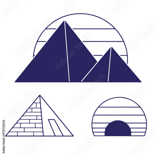 Minimalist egyptian pyramids and igloo icon set in modern geometric style