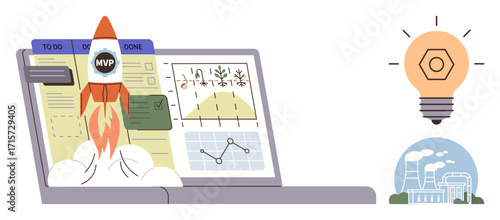 Rocket labeled MVP launching from laptop with charts and to-do list. Lightbulb conveys ideas factory symbolizes industry. Ideal for startup, innovation, technology, teamwork, productivity, strategy