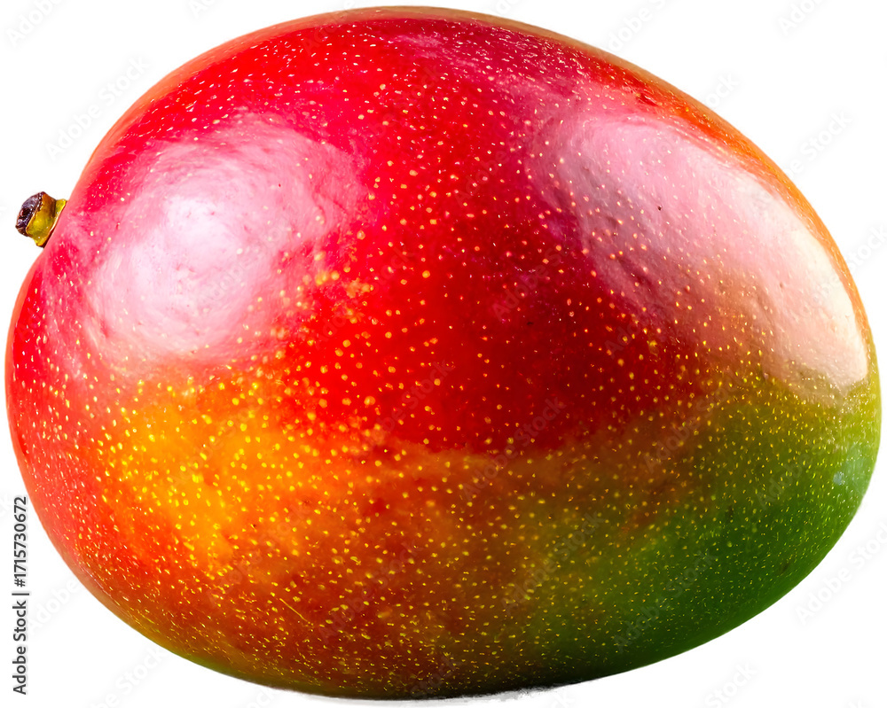 Obraz premium A close-up, isolated shot of a ripe mango, showing a vibrant gradient of colors from green to yellow to red. The fruit appears plump and its skin is textured with natural speckles.