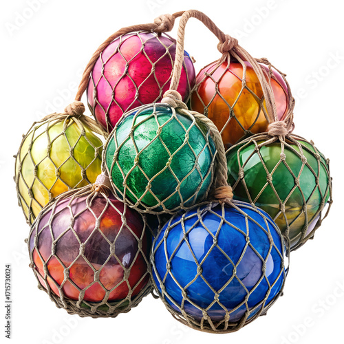 A collection of seven colorful glass fishing floats, each encased in a net, in shades of red, green, blue, yellow, and orange, isolated on a transparent background