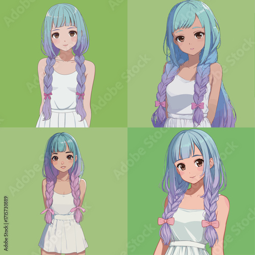 A girl with long purple and blue braids wears a simple white dress. She smiles, surrounded by a vibrant green background. Her playful demeanor adds charm to the scene.