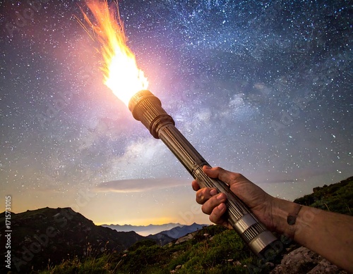 Torch held aloft against a starry night sky