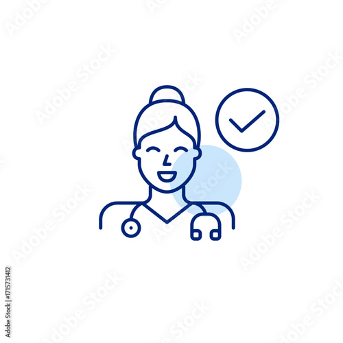 Trusted healthcare provider. Woman doctor, stethoscope and checkmark. Pixel perfect, editable stroke vector icon