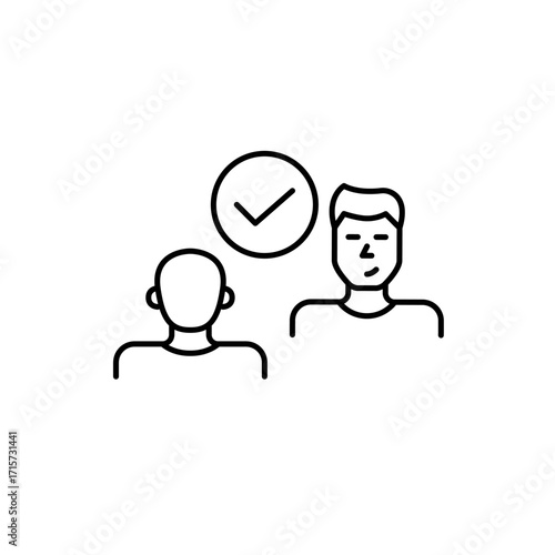 Two men and checkmark. Collaboration confirmed, trusted agreement. Secure discussion, interview or dating match. Pixel perfect, editable stroke vector icon