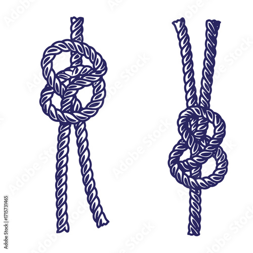 Two detailed illustrations of figure eight knots in a stylized hand drawn nautical style